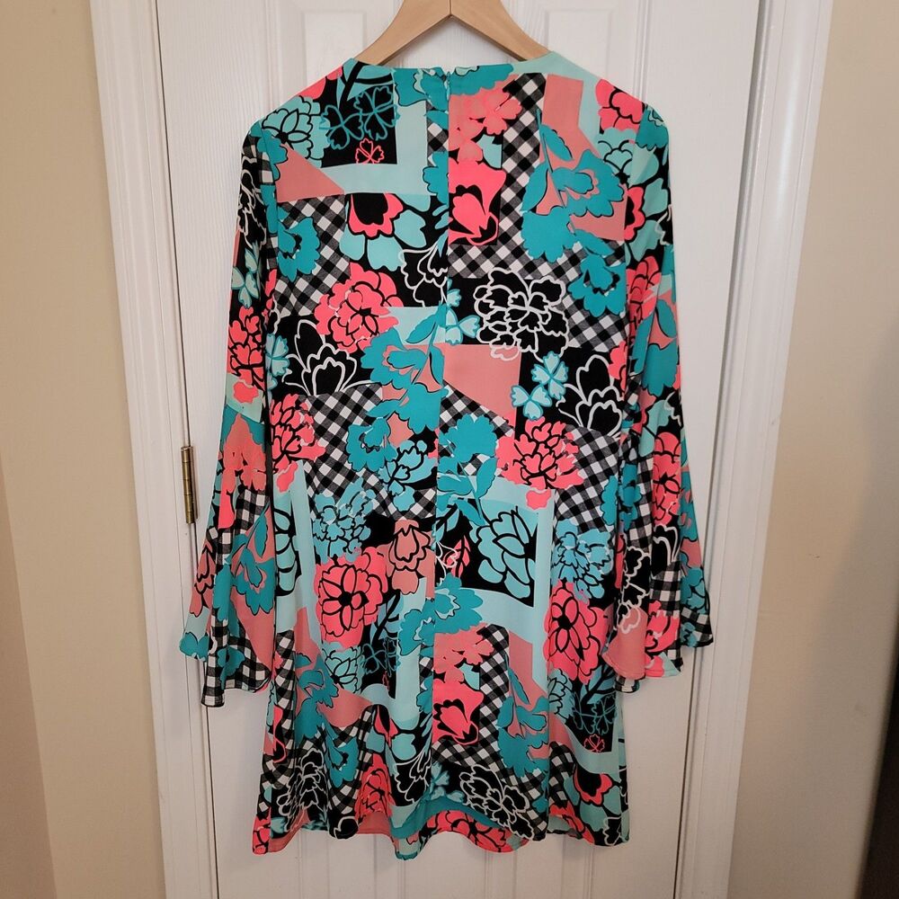 Kaari Blue Multi Color Flower Print Lace Up With Bell Sleeve Dress Size M - Picture 2 of 4